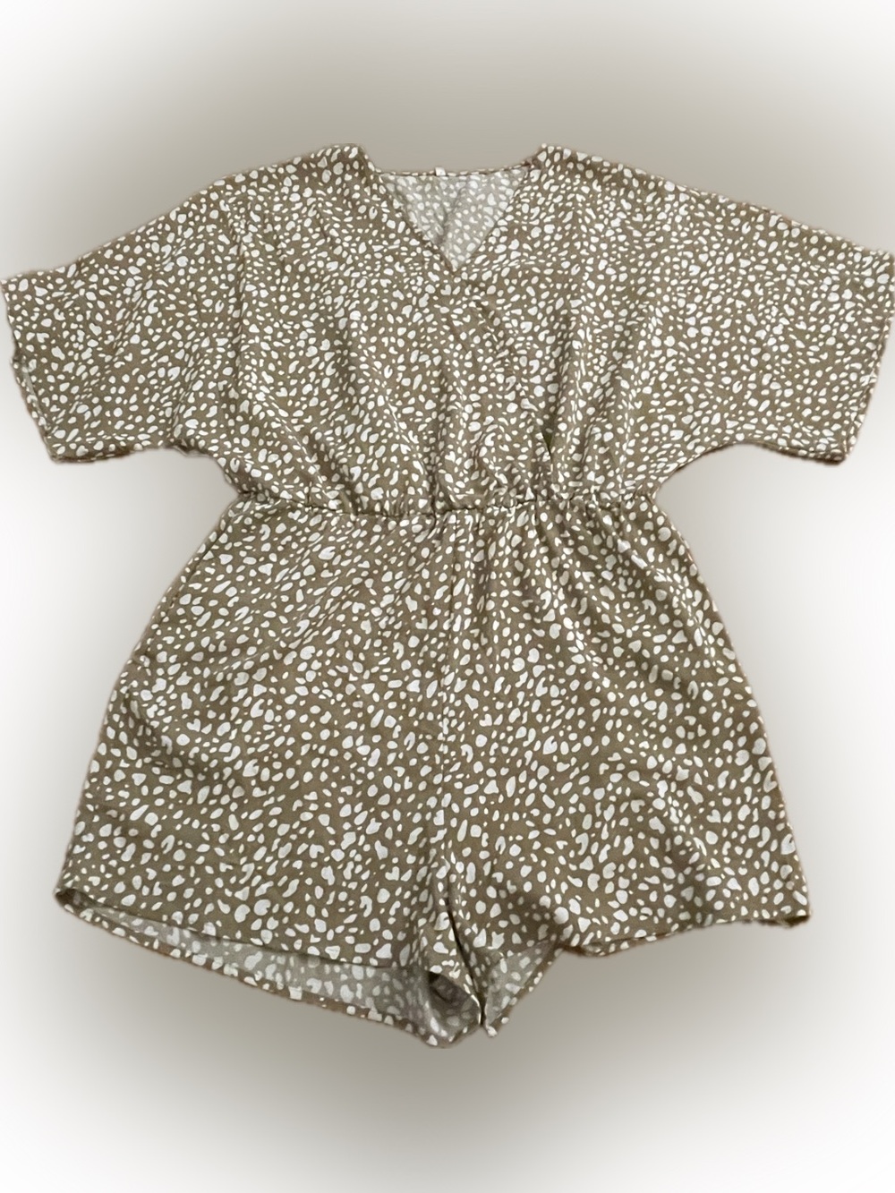 Taupe and White Printed V-Neck Short Romper